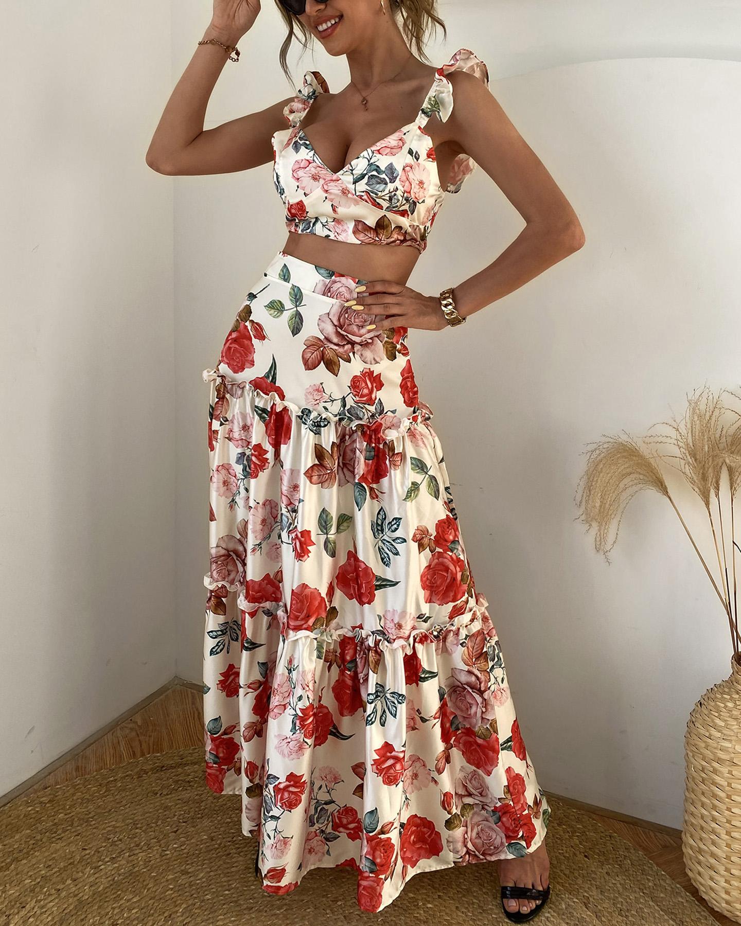 

Floral Print Ruffles Top & Frill Hem Maxi Skirt Set, Red
