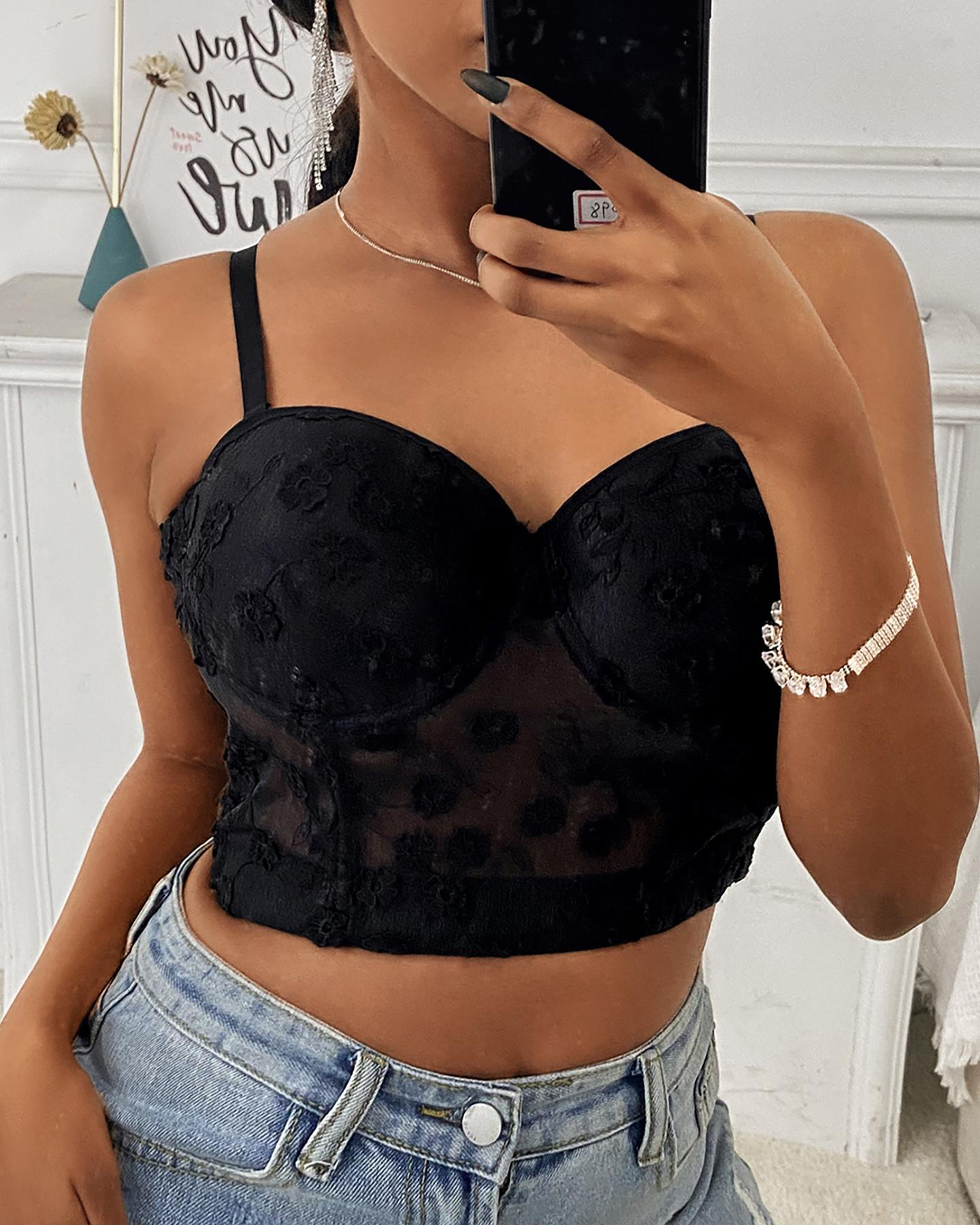 

Floral Pattern Sheer Mesh Corset Crop Top, Black
