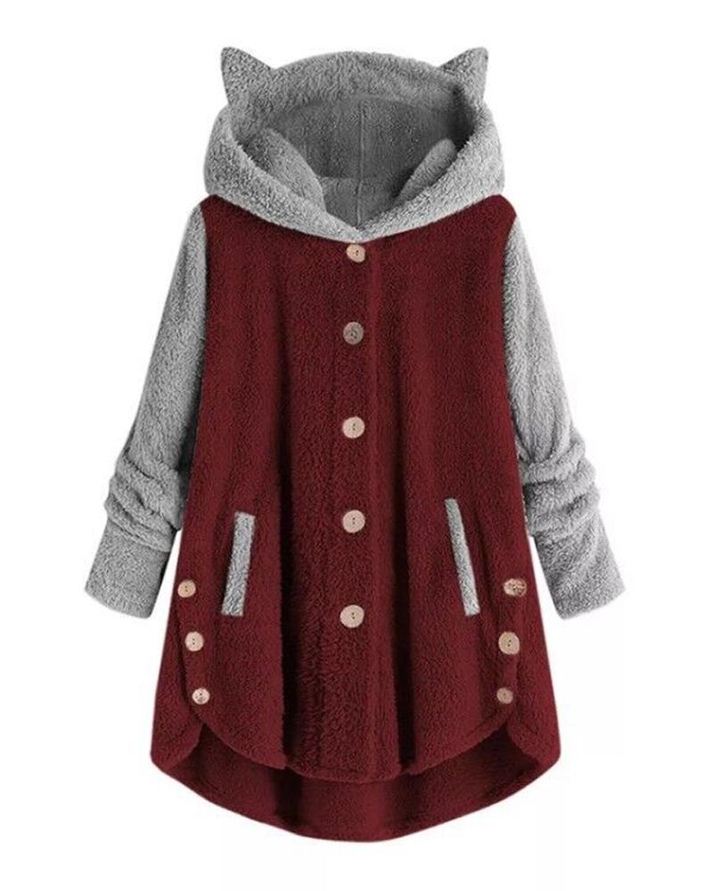 

Contrast Paneled Long Sleeve 3D Cat Hooded Teddy Coat, Wine red
