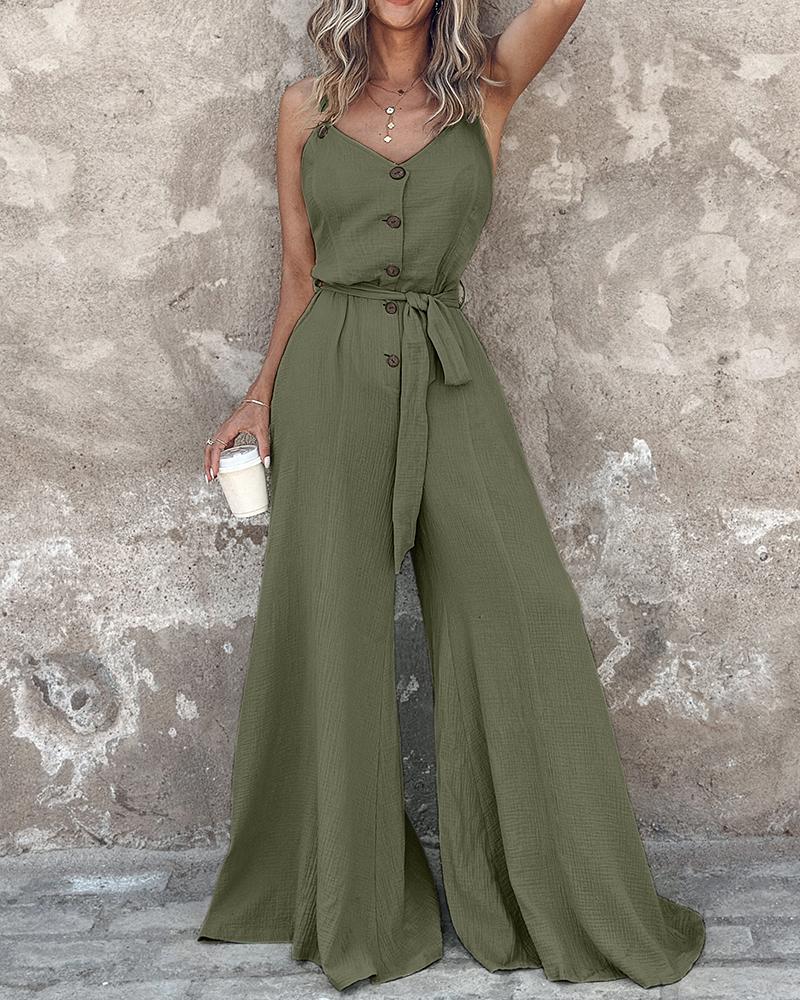 

Buttoned Sleeveless Tied Detail Jumpsuit, Army green