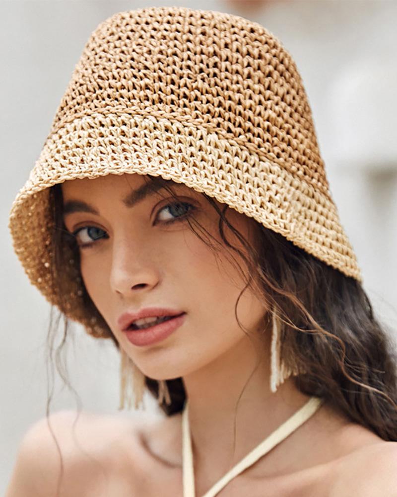 

Colorblock Braided Straw Buckle Hat, Khaki
