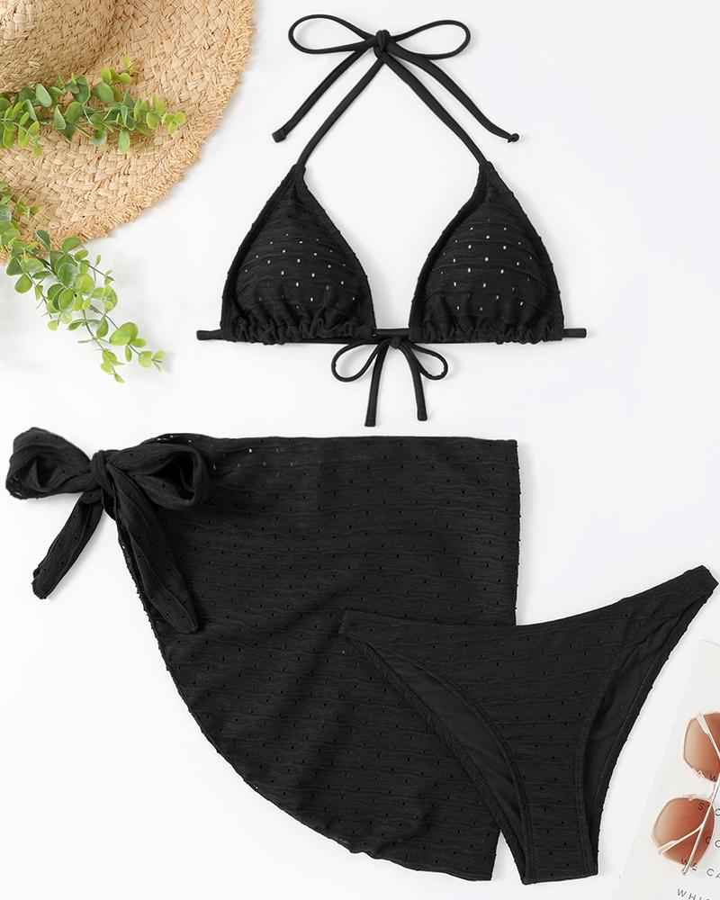 

3PCS Hollow Out Drawstring Textured Bikini Set With Cover Up, Black