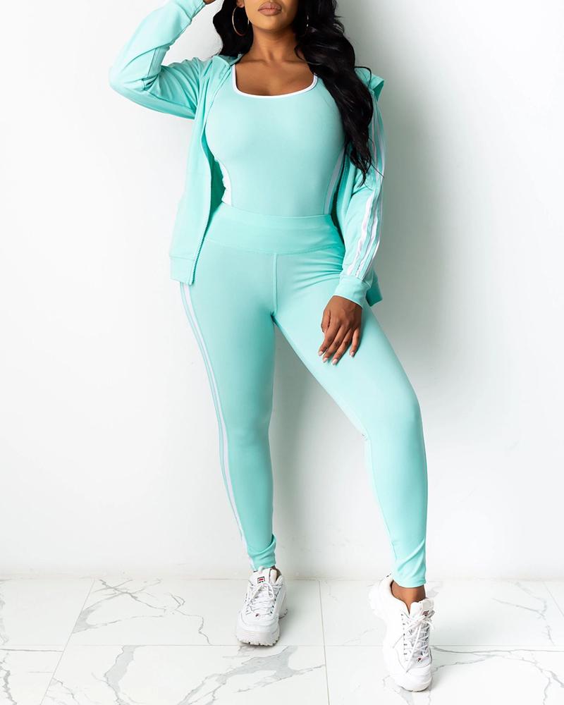 

Contrast Binding Top & Striped Tape Pants & Hooded Coat Set, Green