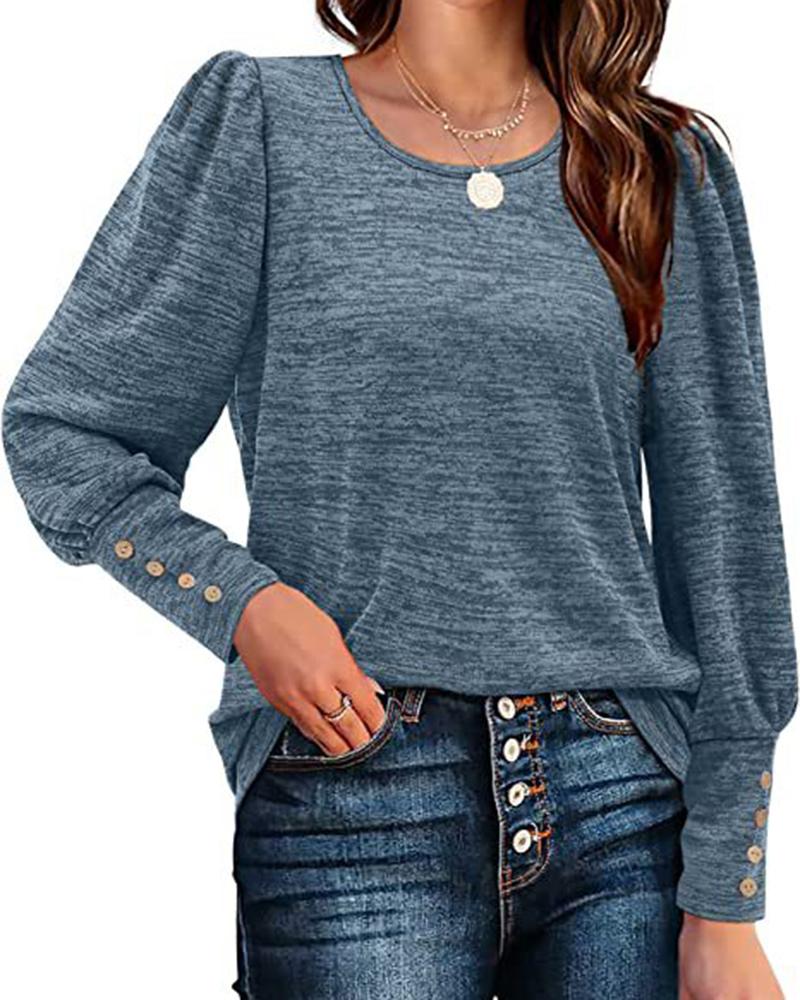 

Gigot Sleeve Buttoned U-Neck Top, Blue