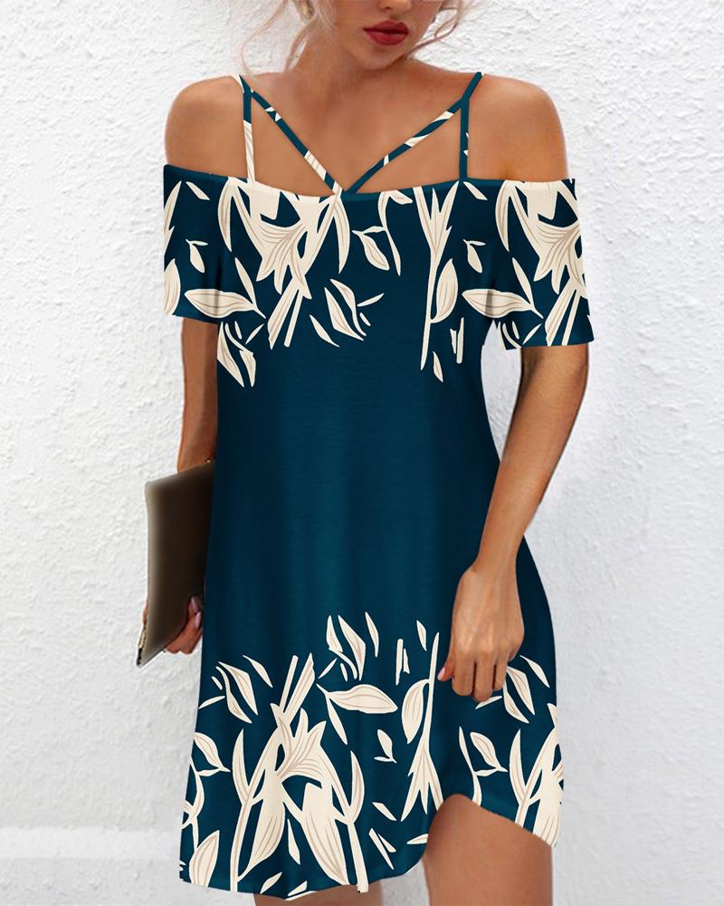 

Plants Print Cold Shoulder Casual Dress, Blue