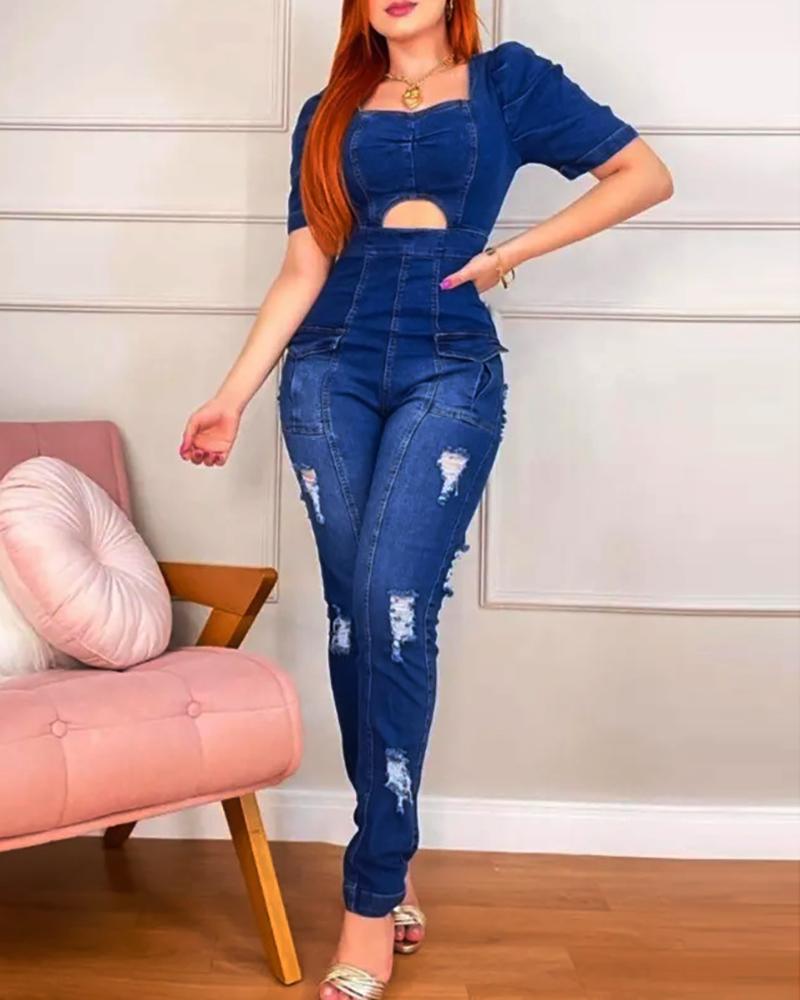 

Ripped Pocket Design Skinny Cutout Denim Jumpsuit, Blue
