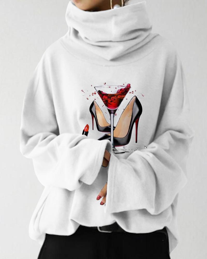 

Wine Glass Heels Print Long Sleeve High Neck Top, White