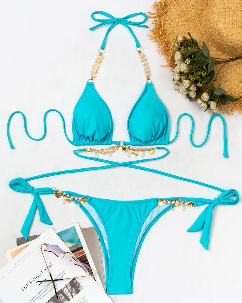

Pearls Rhinestone Strap Tied Detail Bikini Set, Turquoise blue