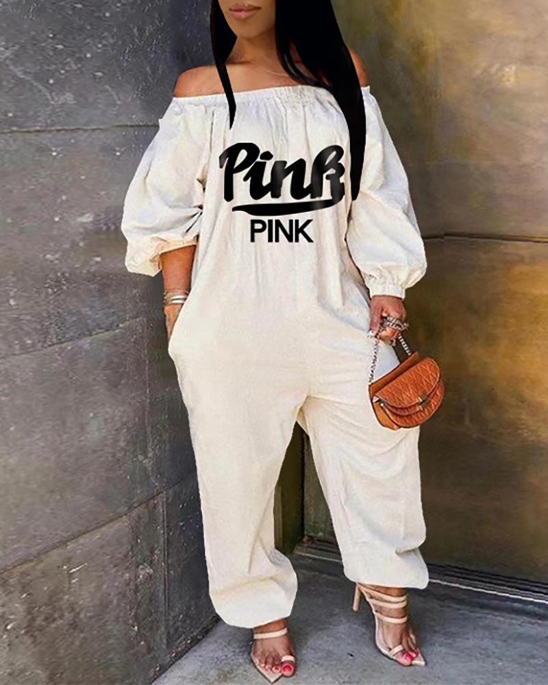 

Plus Size Off Shoulder Letter Print Long Sleeve Jumpsuit, White