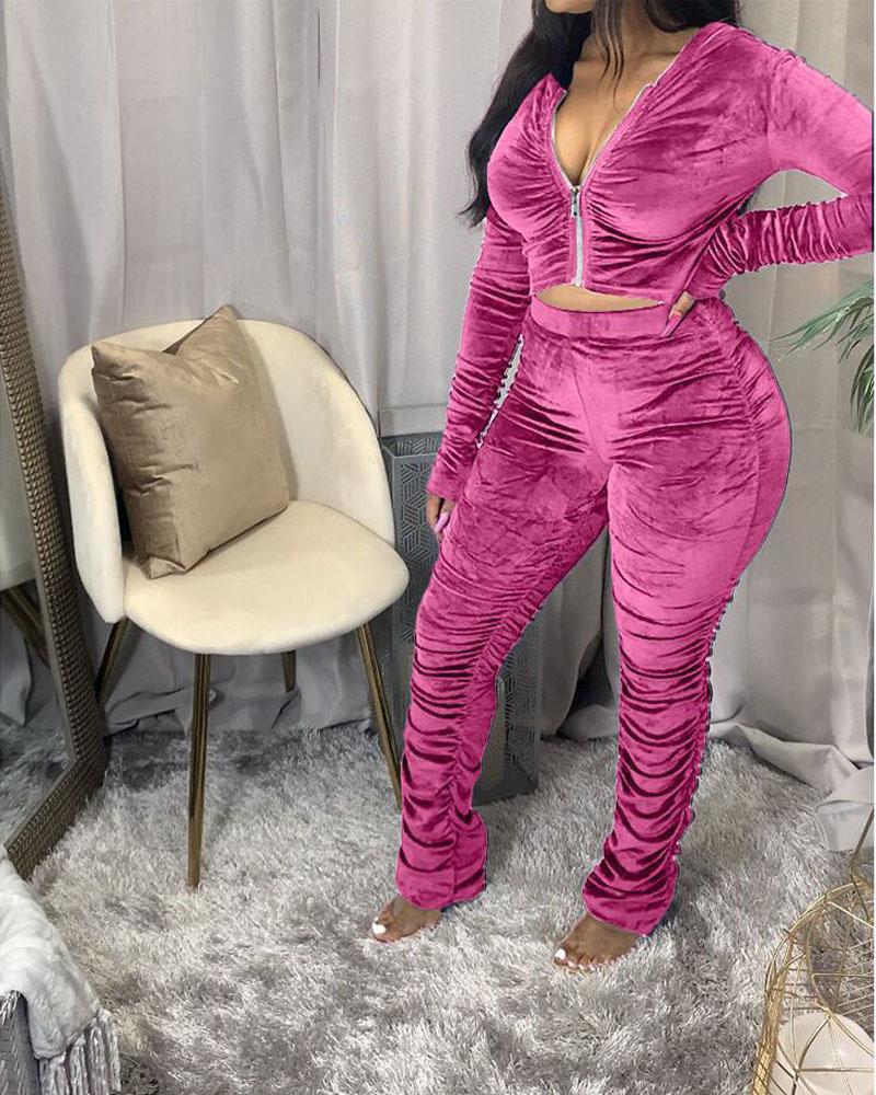 

Ruched Long Sleeve Zip Up Hooded Top & Pants Set, Pink