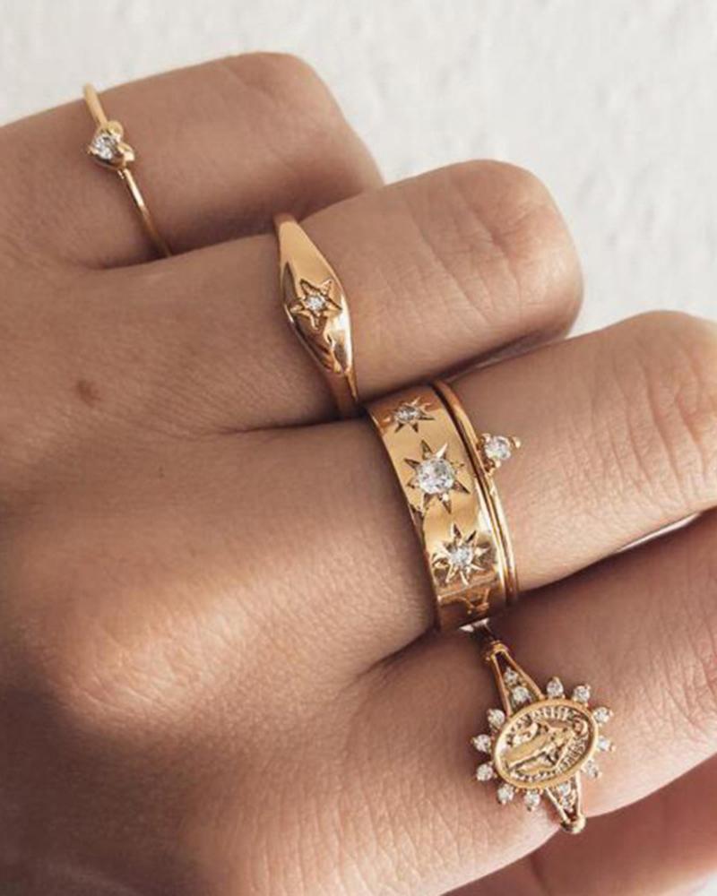 

5pcs Stackable Star Sun Heart Geometric Rings Set, Gold
