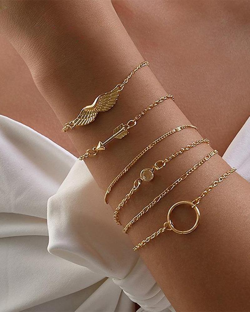 

6pcs O-Ring Wings Arrow Pattern Chain Bracelets Set, Gold