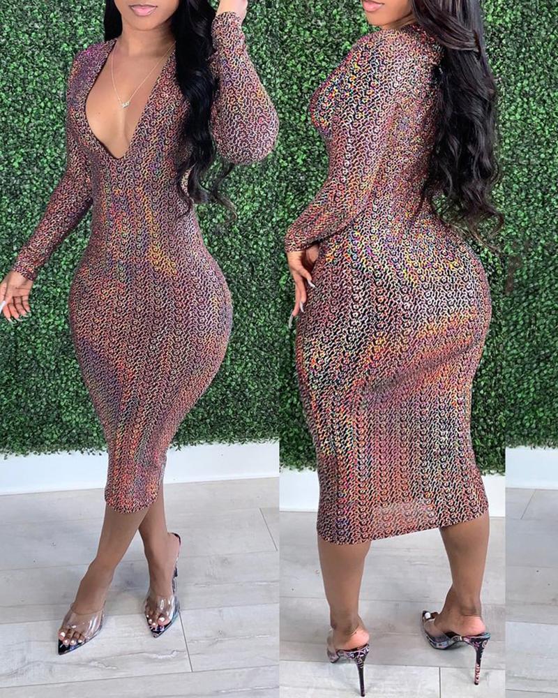 

Abstract Print Long Sleeve Plunge Bodycon Dress, Purple