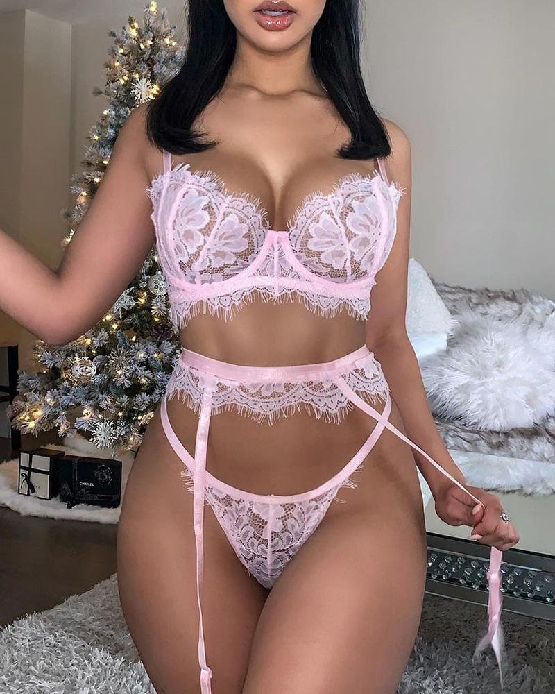 

3PCS Eyelash Lace Garter Lingerie Set, Pink