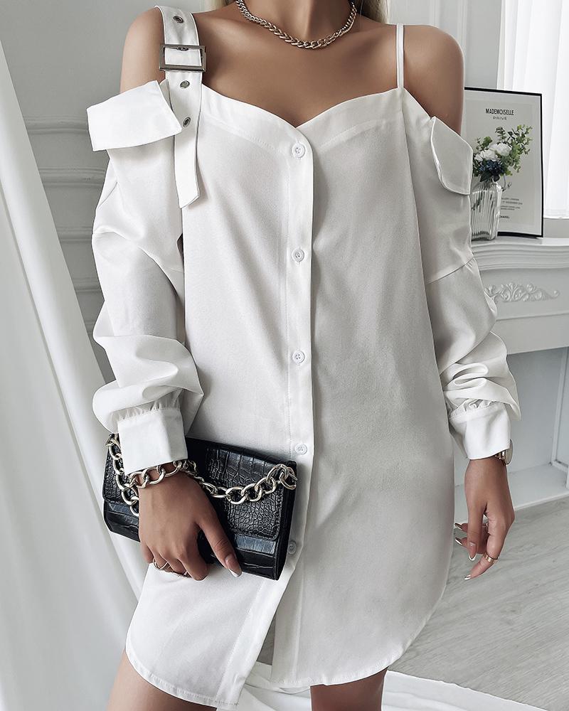 

Cold Shoulder Buckled Long Sleeve Shirt Dress, White
