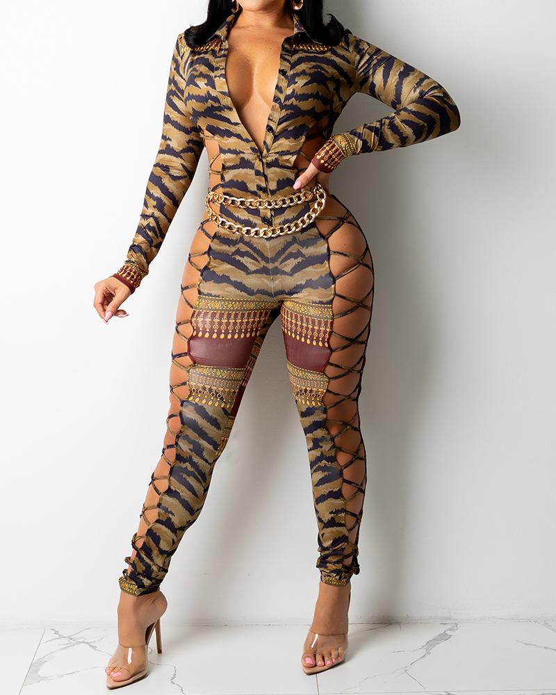 

All Over Print Chain Decor Button Front Lace-Up Side Skinny Jumpsuit, Coffee