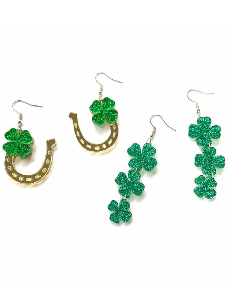 

1Pair St. Patrick's Day Glitter Lucky Four Leaf Clover Shaped Drop Earrings, Style2