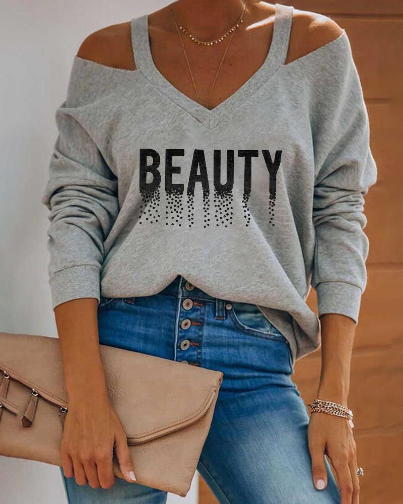 

Letter Print Cold Shoulder Casual Top, Gray