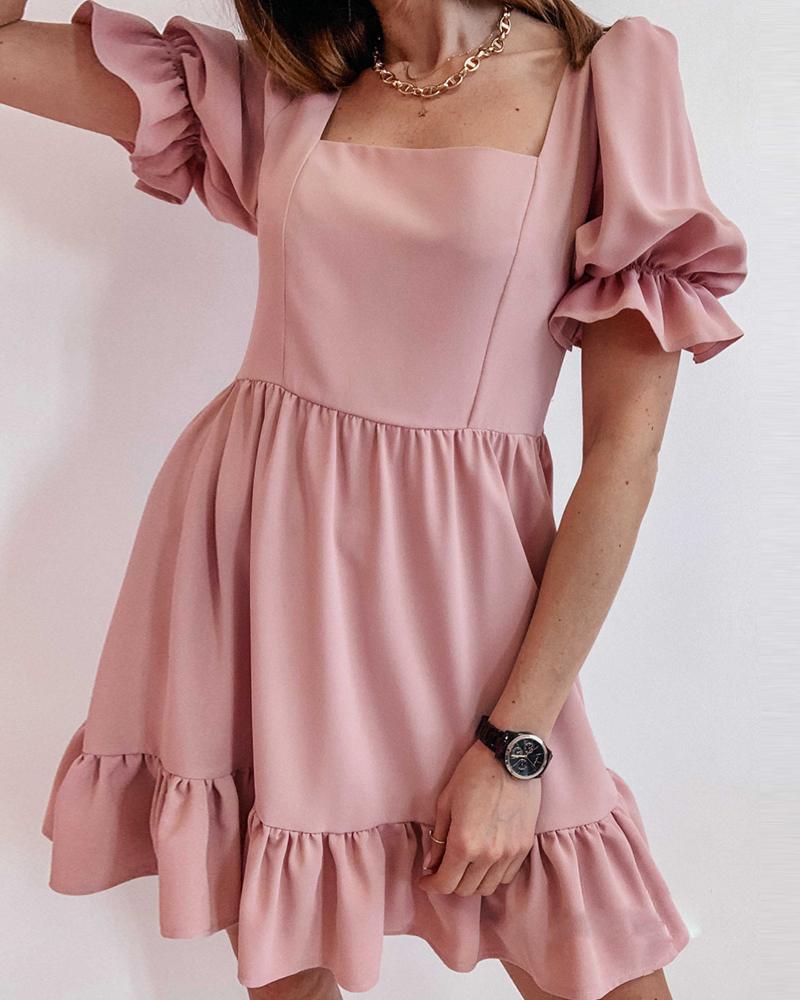 

Ruffle Hem Puff Sleeve Ruched Causal Dress, Pink