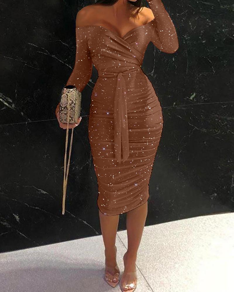 

Glitter Off Shoulder Tie Front Ruched Party Dress, Brown