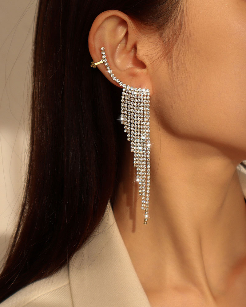 

1Pair Rhinestone Tassel Ear Climber With Pierced, Gold