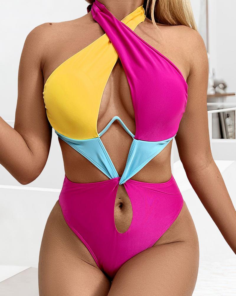 

Colorblock Cutout Backless Halter One-Piece Swimsuit, Hot pink