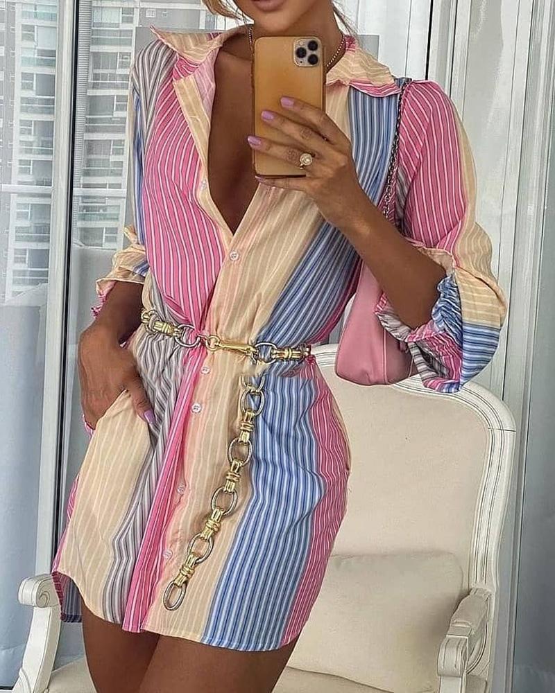 

Striped Colorblock Bell Sleeve Shirt Dress, Multicolor