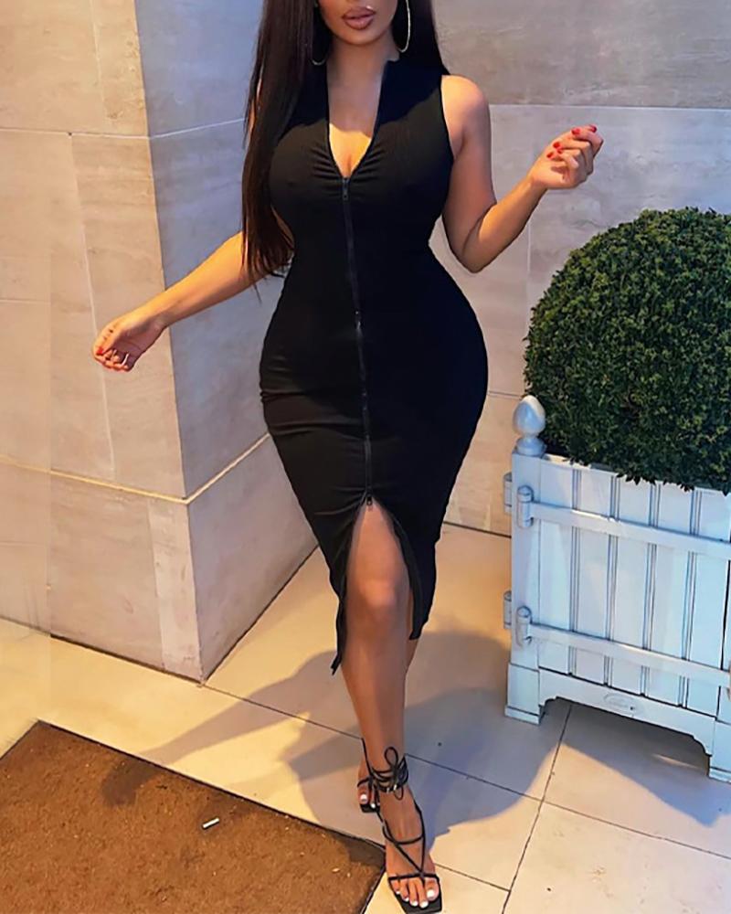 

O-neck Sleeveless Zipper Design Casual Dress, Black