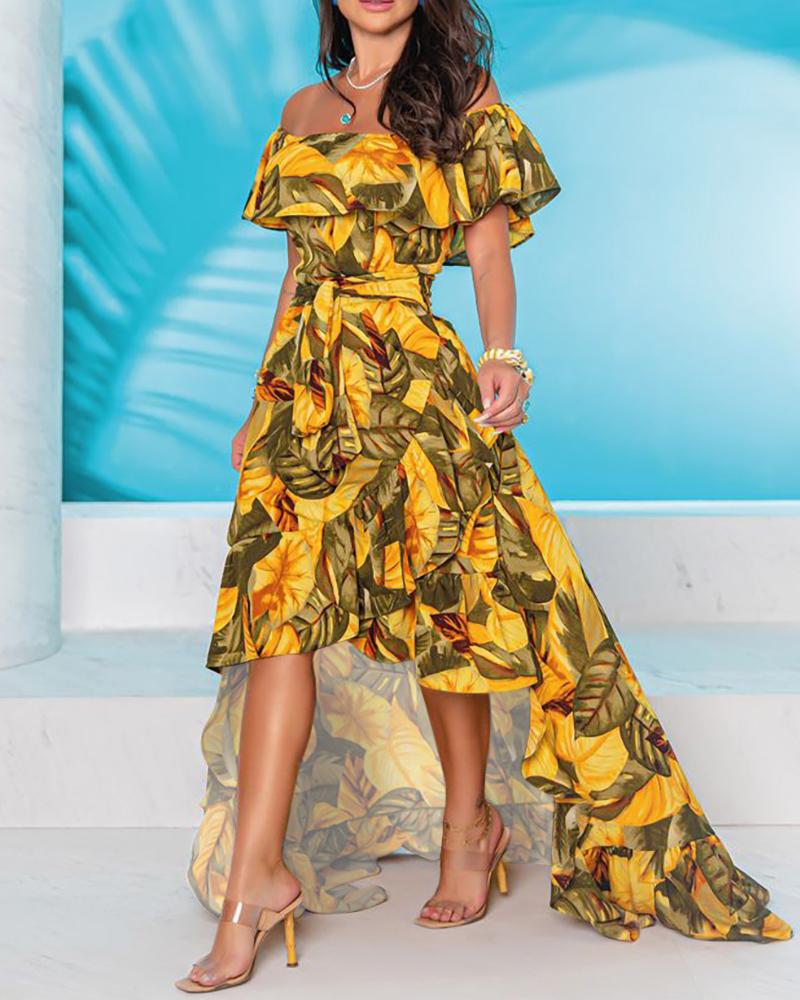 

Leaf Print Off Shoulder Ruffles Dip Hem Maxi Dress, Yellow