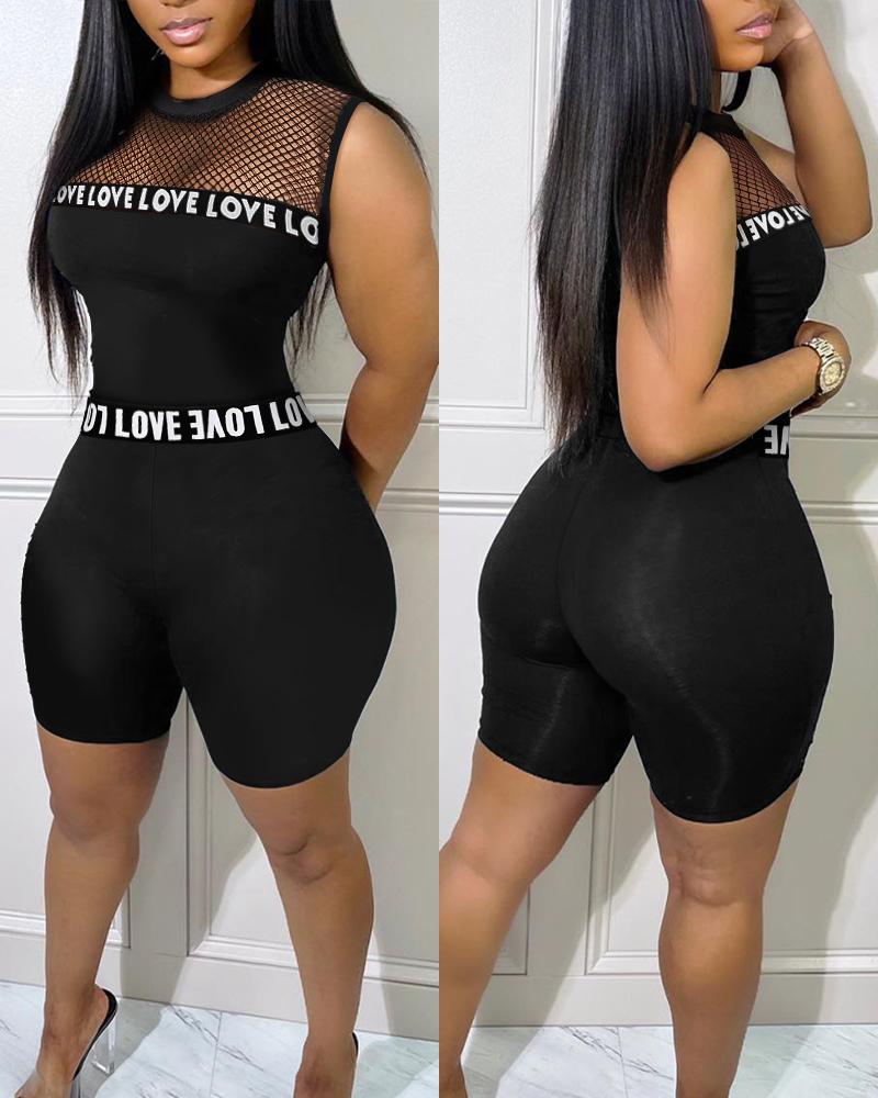 

Letter Band Patch Fishnet Design Top & Shorts Set, Black