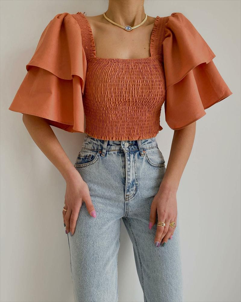 

Puff Bell Sleeve Shirred Crop Top, Orange