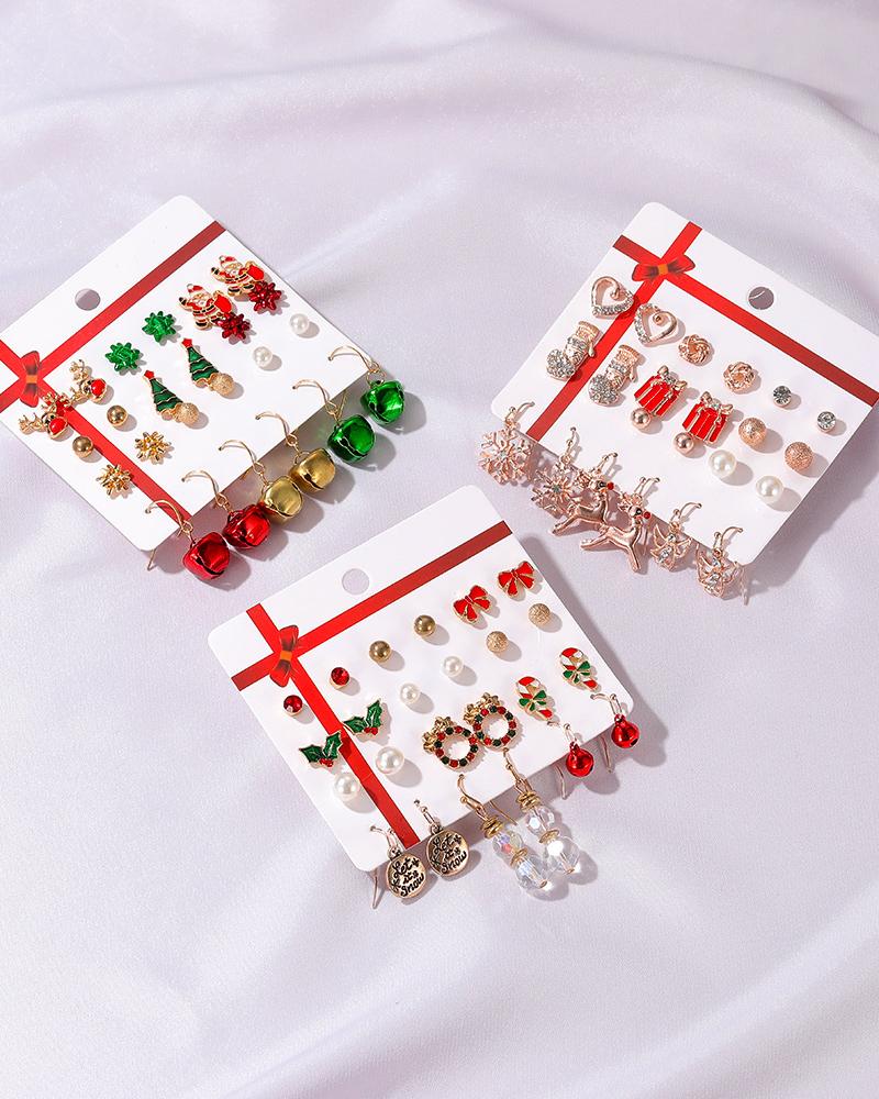 

12Pair Christmas Snowflake Santa Claus Elk Earrings Set, Style1