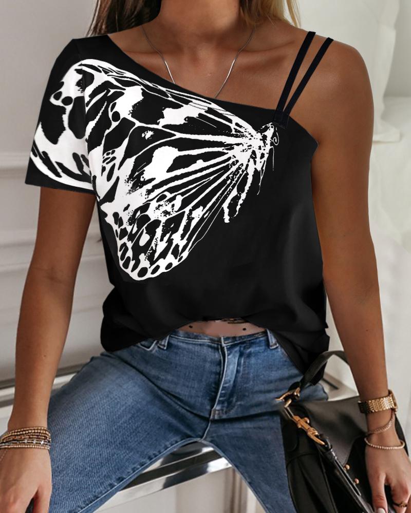 

One Shoulder Butterfly Print Casual T-shirt, Black
