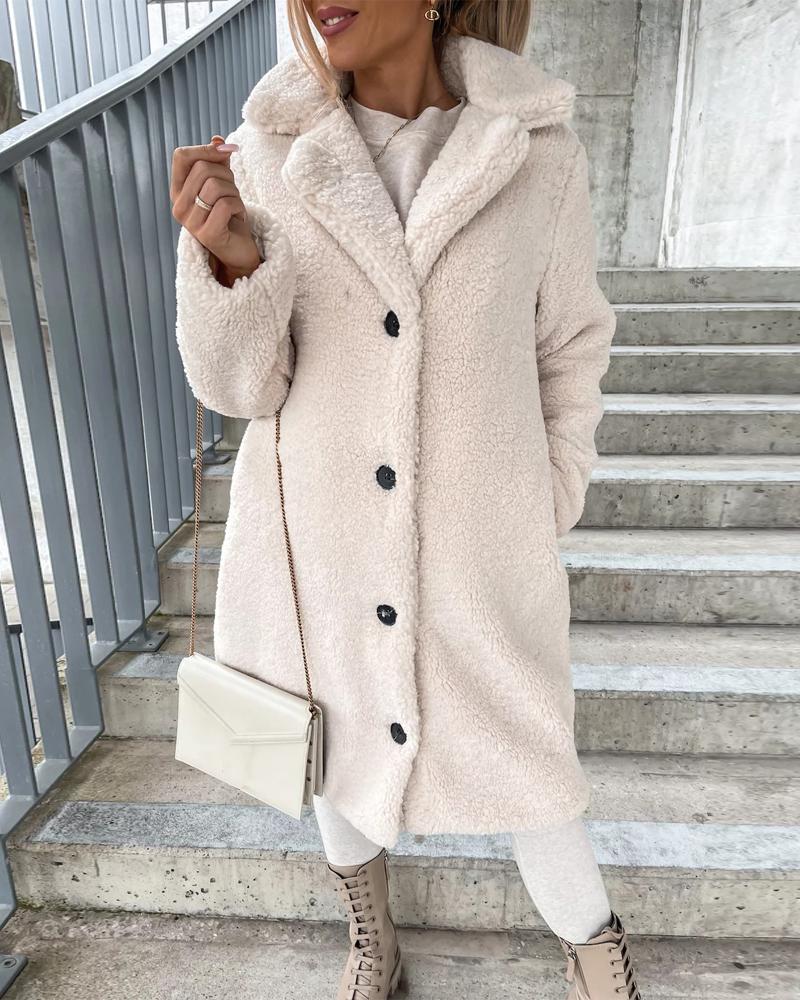

Long Sleeve Button Front Teddy Coat, Apricot