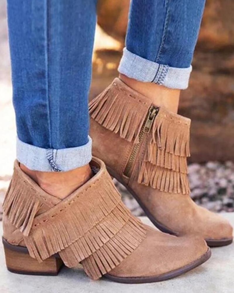 

Zipper Tassel Design Ankle Boots, Khaki