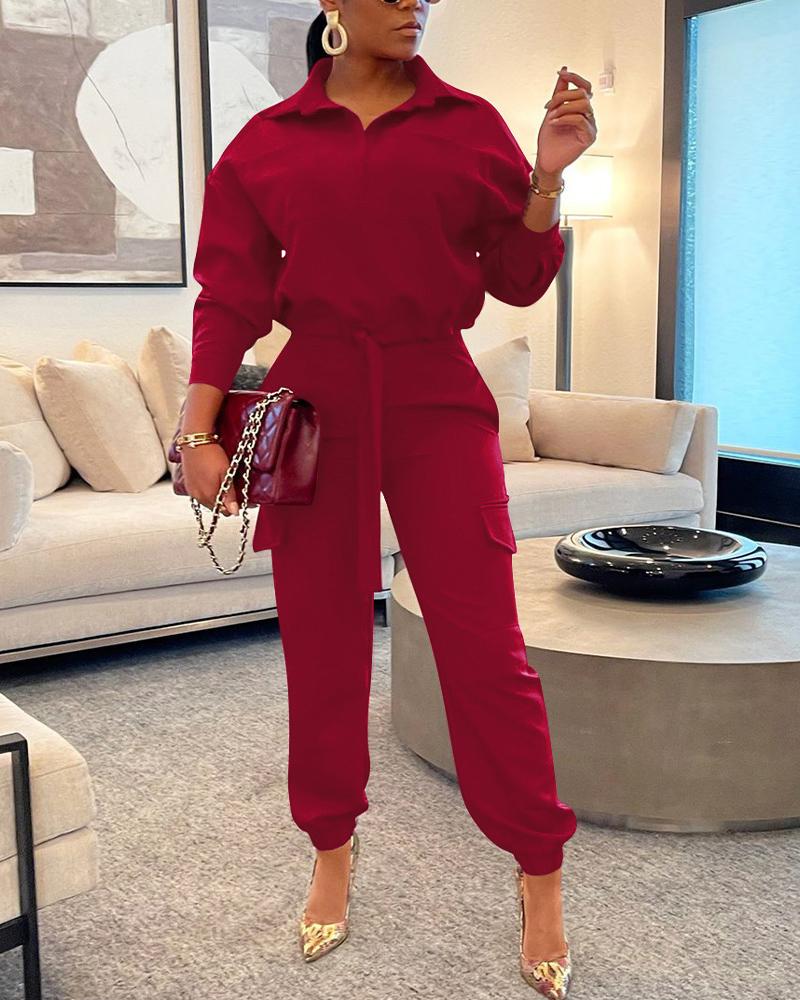 

Long Sleeve Knot Front Top & Flap Pocket Pants Set, Red
