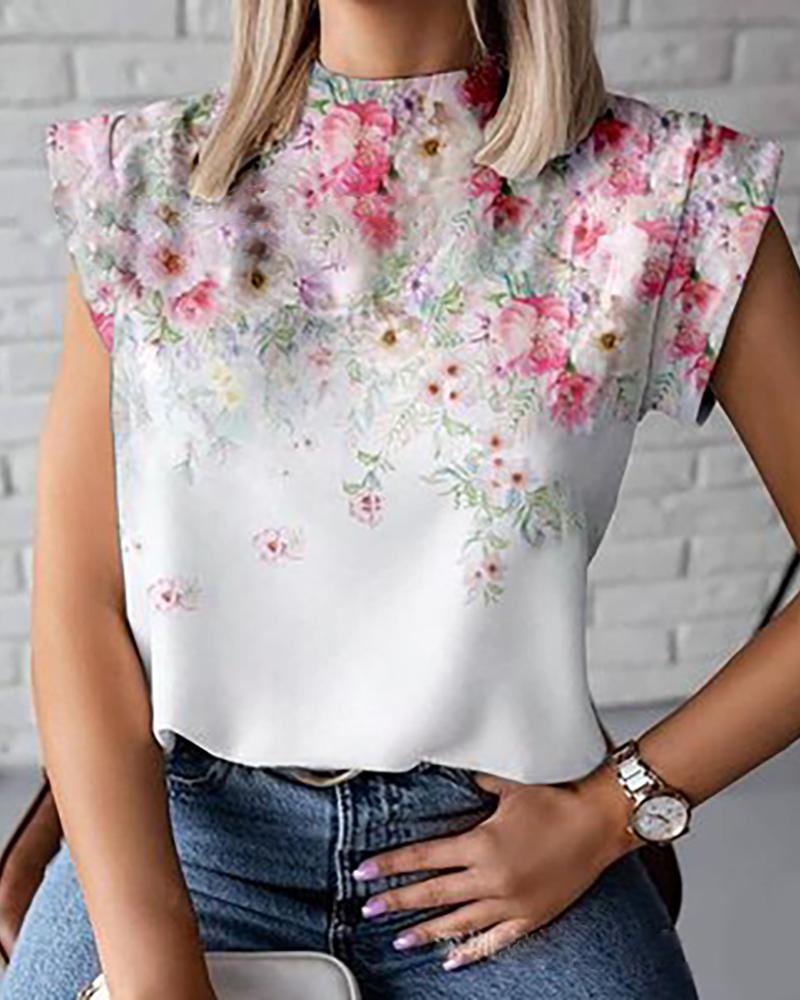

Mock Neck Floral Print Short Sleeve T-shirt, White
