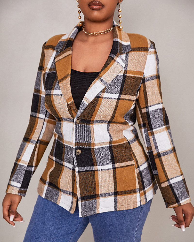 

Plaid Print Button Front Long Sleeve Coat, Brown