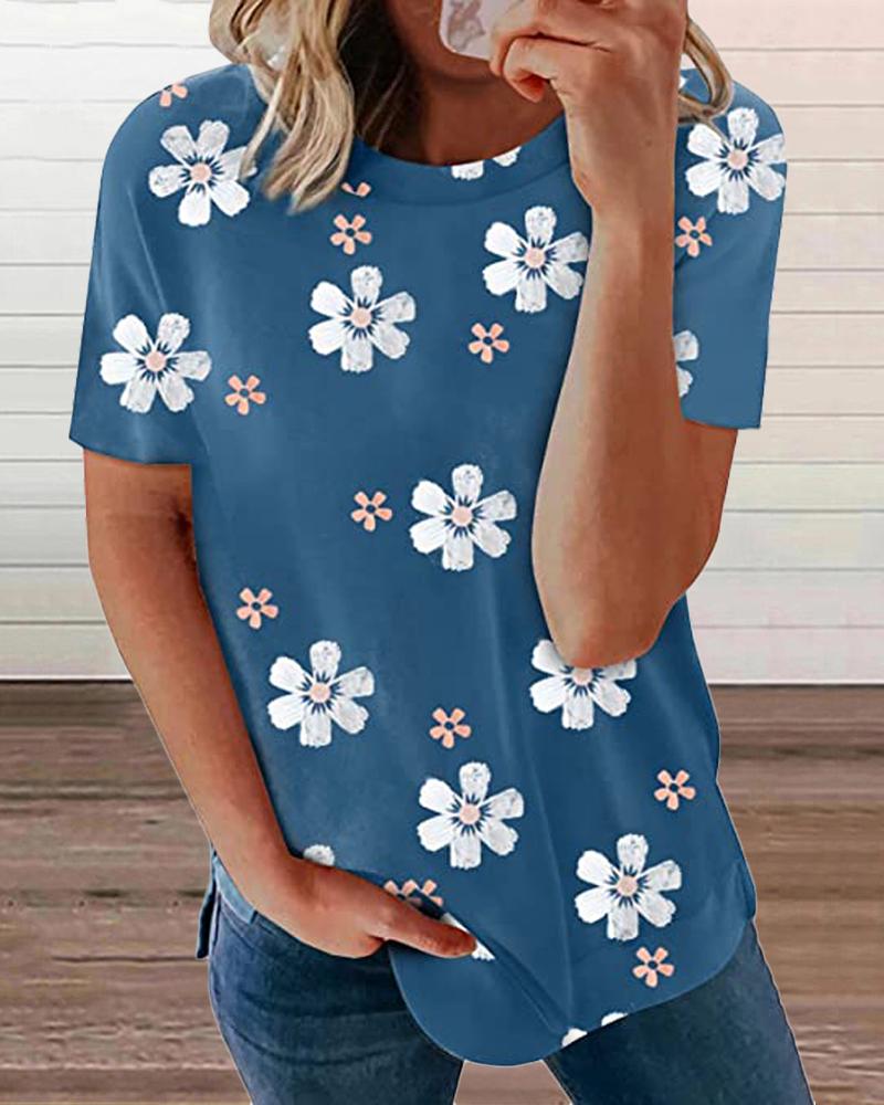 

Floral Print Round Neck Short Sleeve T-Shirt, Blue
