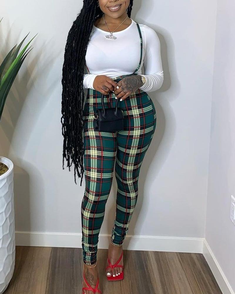 

Long Sleeve Form Fitted Top & Plaid Overall Jumpsuit Set, Green