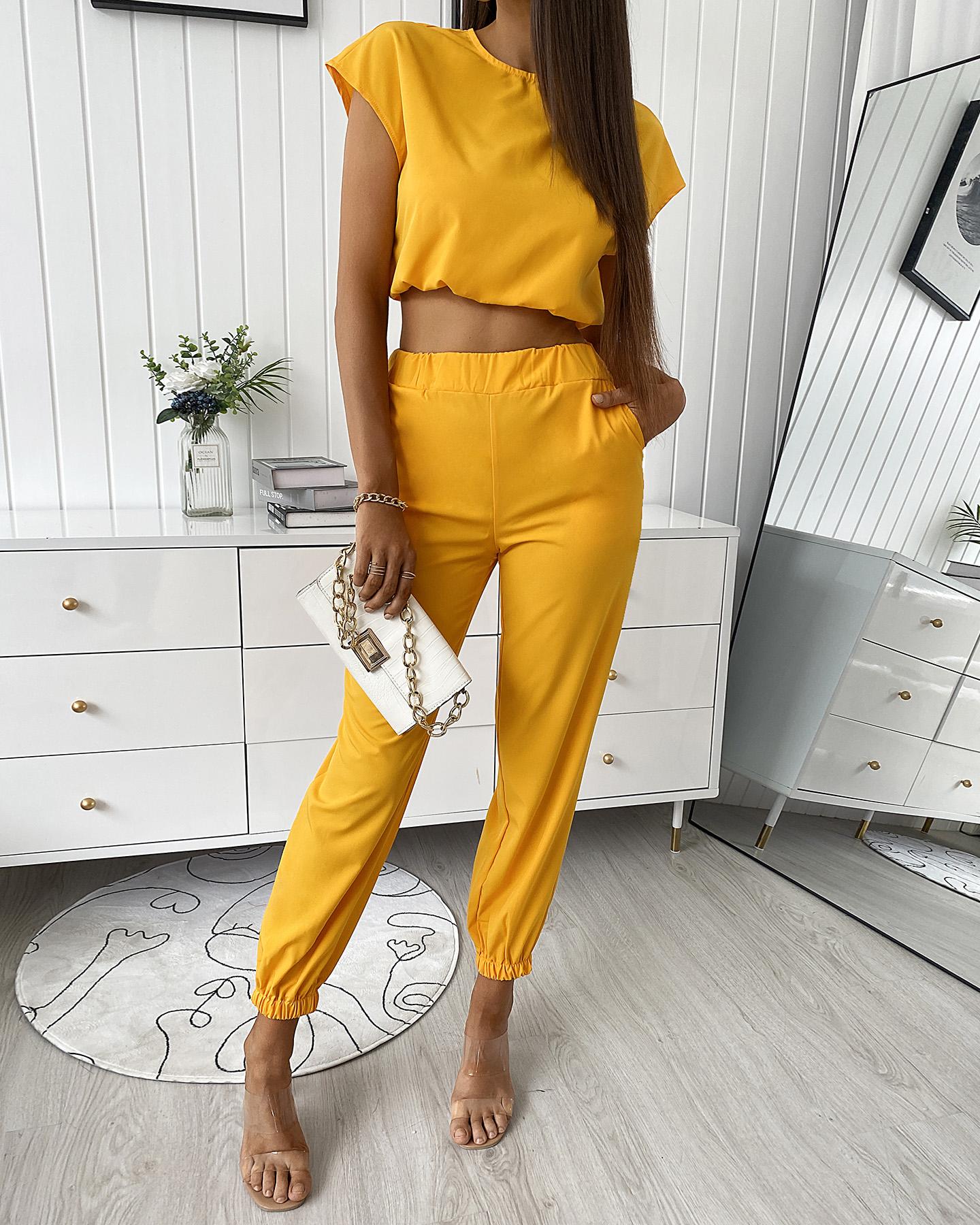 

Short Sleeve Top & Shirred Pocket Design Pants Set, Yellow