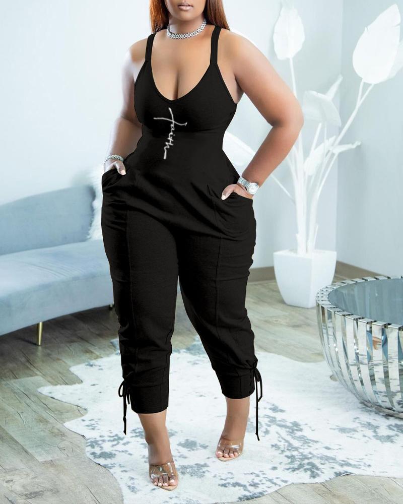 

Letter Print Grommet Eyelet Lace-up Sleeveless Jumpsuit, Black