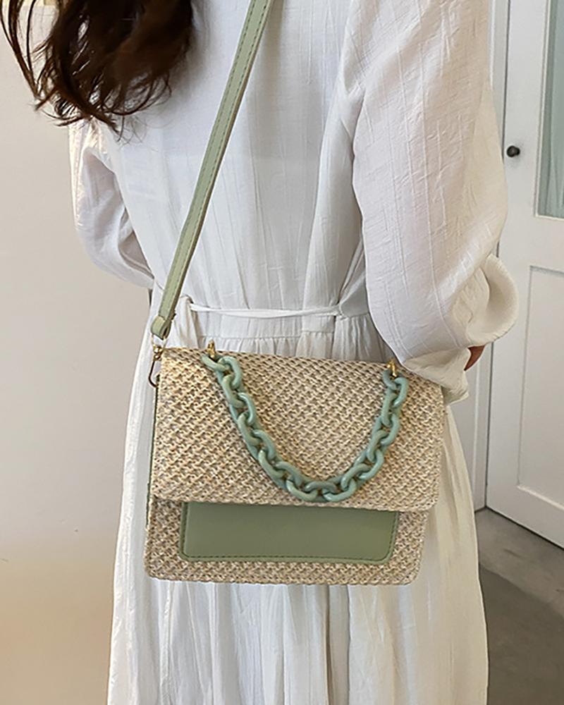 

Metal Decor Square Straw Woven Beach Bag, Green