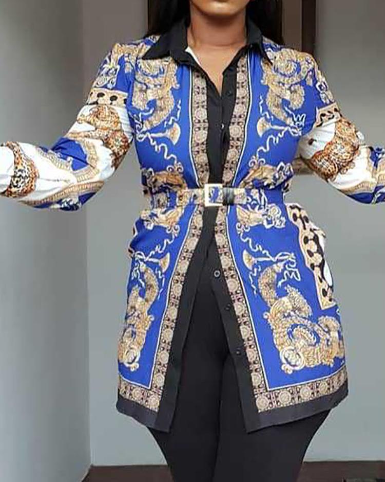 

Totem Print Long Sleeve Shirt, Blue
