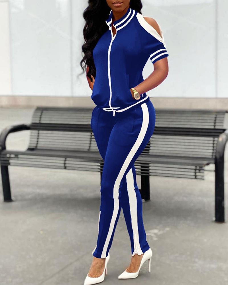 

Cold Shoulder Colorblock Zipper Design Top & Striped Tape Pants Set, Blue