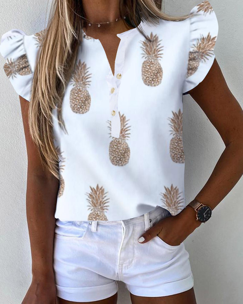 

Letter Pineapple Print Ruffles Sleeve Casual Top, Yellow