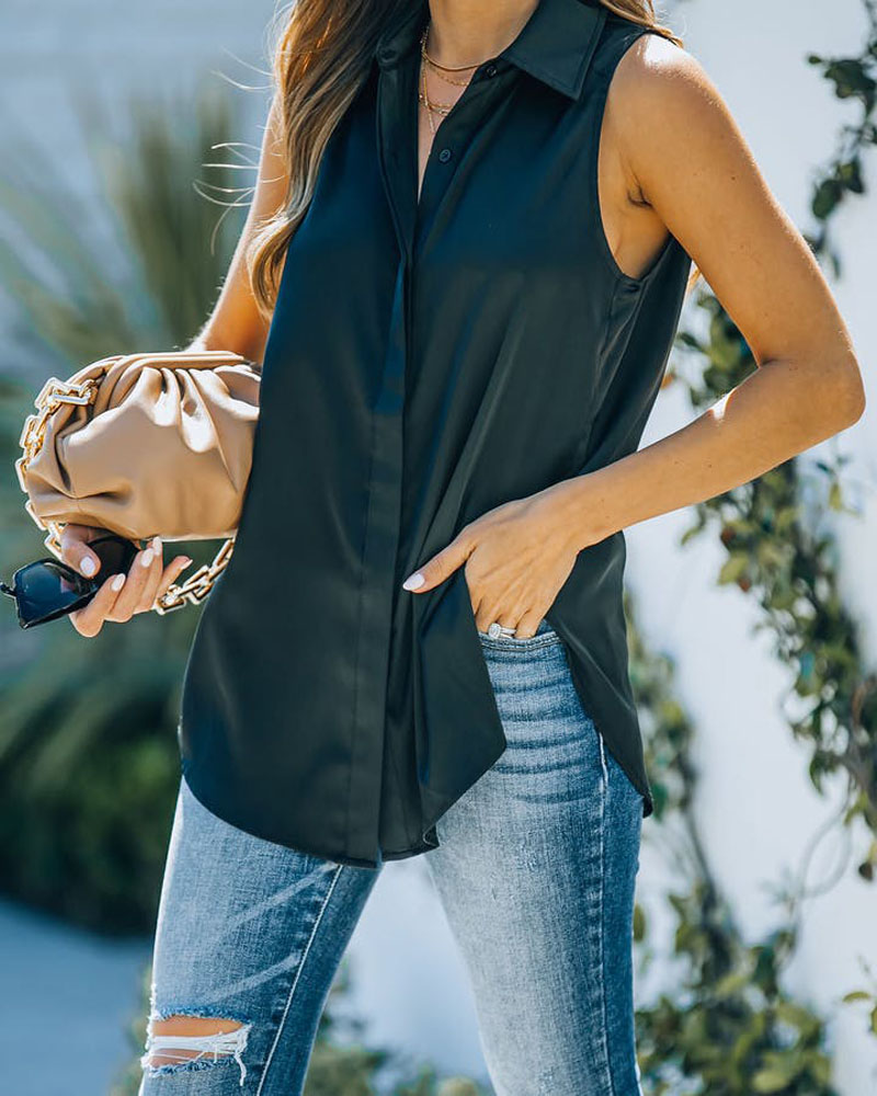 

Sleeveless Satin Button Down Shirt, Black
