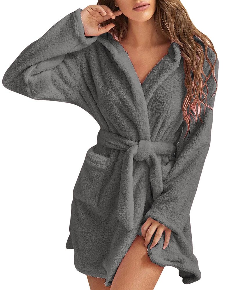 

Pocket Design Tied Detail Fluffy Lounge Robe, Gray