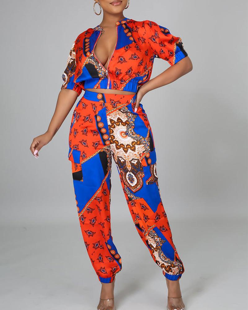 

Scarf Print Zip Up Crop Top & Flap Detail Pants Set, Blue