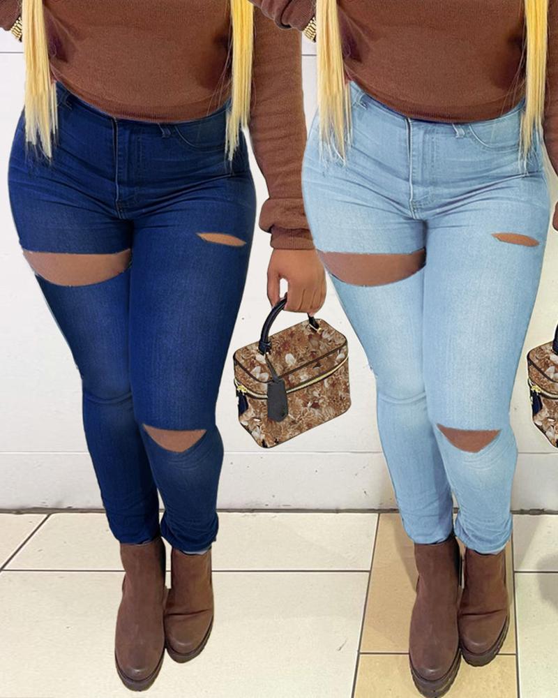 

Elastic Hole Cutout Pencil Jeans, Dark blue